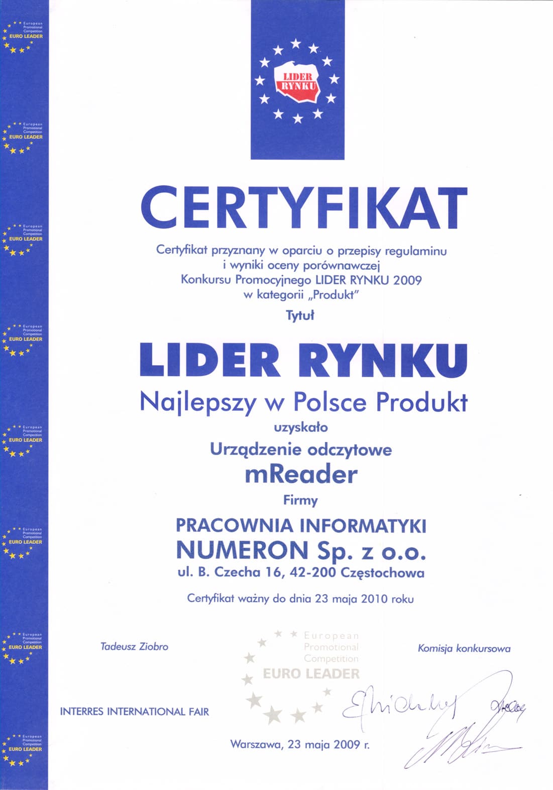 certyfikat_LiderRynku_Produkt_mReader_23.05.2009